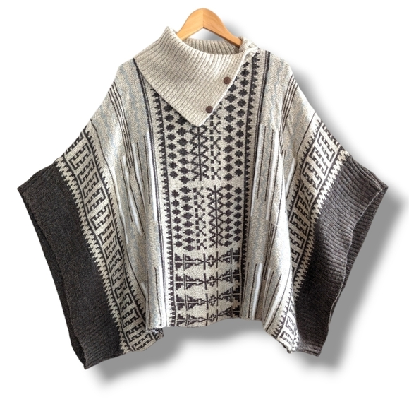 Yaira Cowl Neck Poncho Sweater One size Fits Tan Brown Gray Boho - Picture 1 of 9